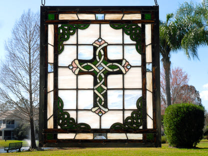 Celtic Stained Glass Cross Panel 20.5in x 17.5in  Beveled and Colored Glass