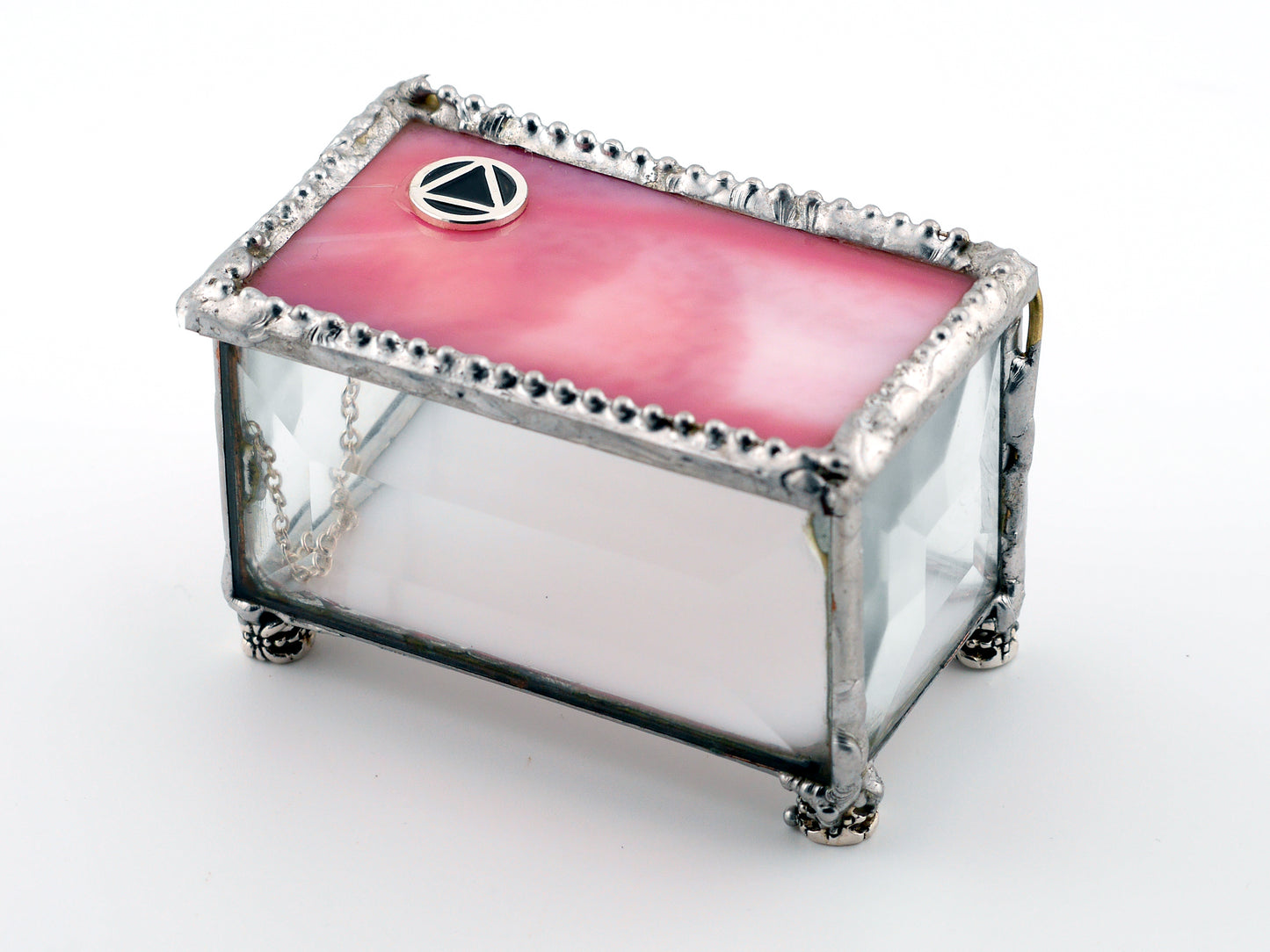 Sobriety Gift Stained Glass Keepsake Coin Box Streaky White and Pink top with Clear Beveled Glass