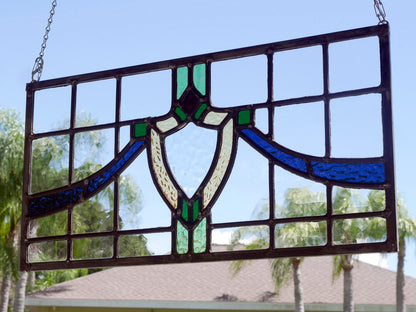 English Style Leaded Glass Panel, Stained Glass Transom, Clear Blue Green and Yellow Glass.