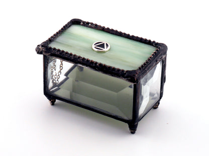 Sobriety Gift Stained Glass Keepsake Coin Box Streaky Mint Green top with Clear Beveled Glass