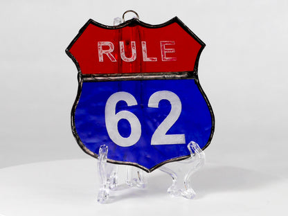 Rule 62 AA Recovery Symbol Stained Glass Sun Catcher, Christmas Ornament, Red and Blue glass