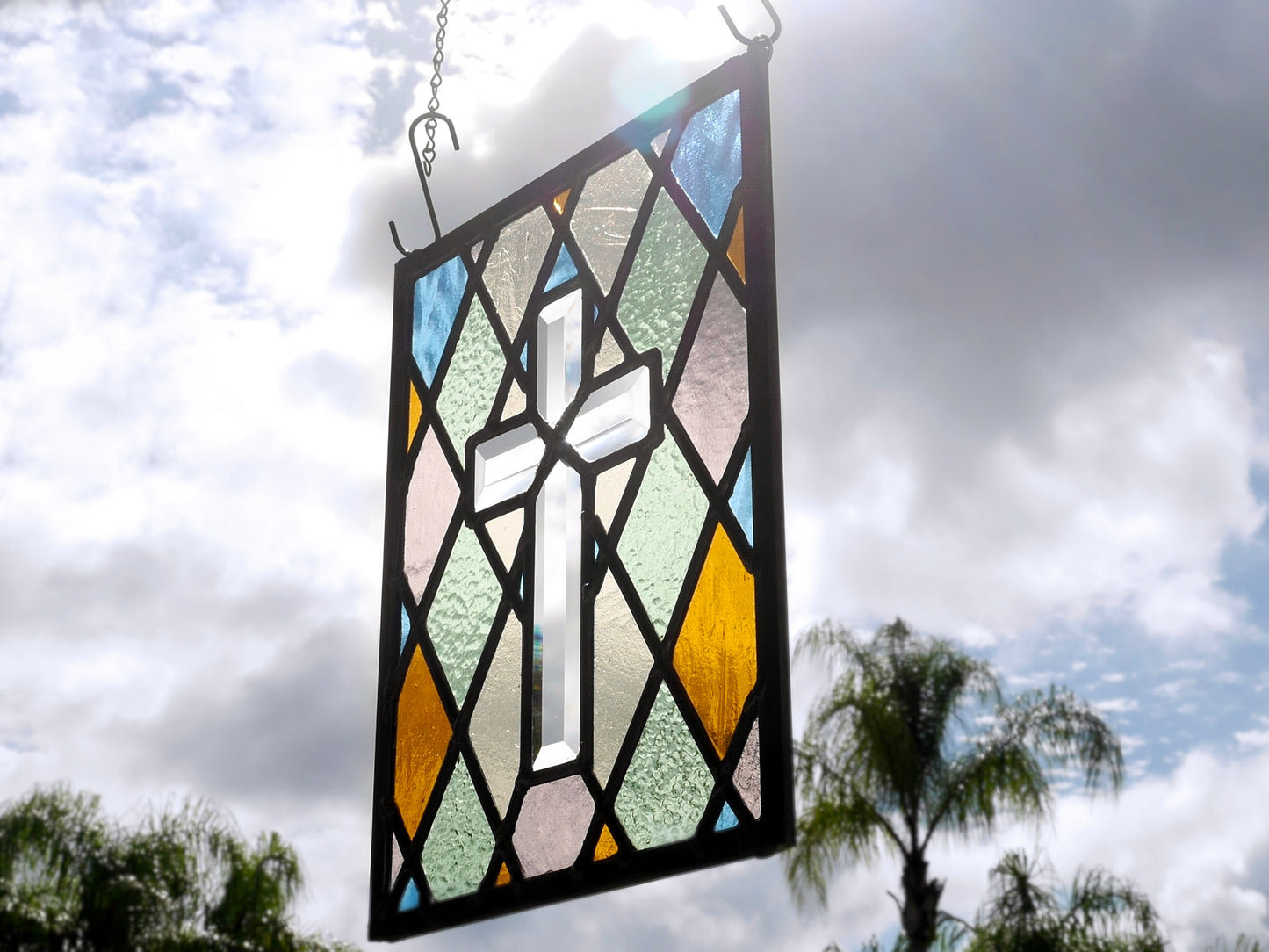 Leaded Stained Glas Cross Panel 10.5in x 13.5in  Beveled and Colored Glass