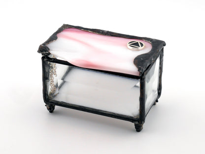 Stained Glass AA Sobriety Keepsake Coin Box Streaky Pink and White with Clear Beveled Glass