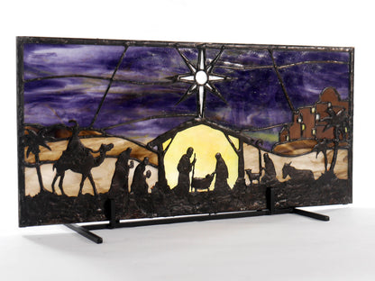 Stained Glass Nativity, Christmas Decor, Faith, Religious, Rustic, Purple and Yellow Glass