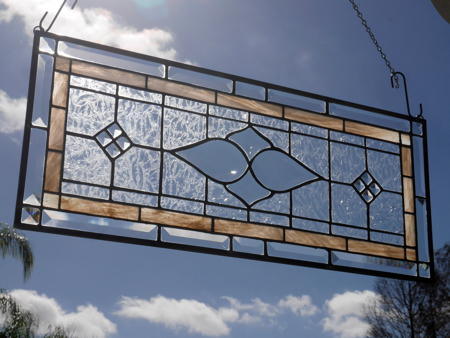 Victorian Style Stained Glass Transom Window, 24.5in x 10.25in Beige and Beveled Glass