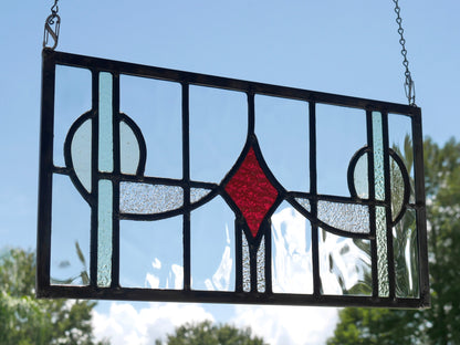 English Style Leaded Glass Panel, Stained Glass Transom, Clear Red and Green and Yellow Glass.