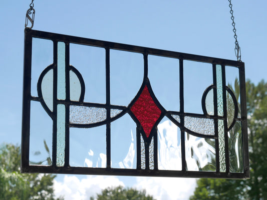 English Style Leaded Glass Panel, Stained Glass Transom, Clear Red and Green and Yellow Glass.