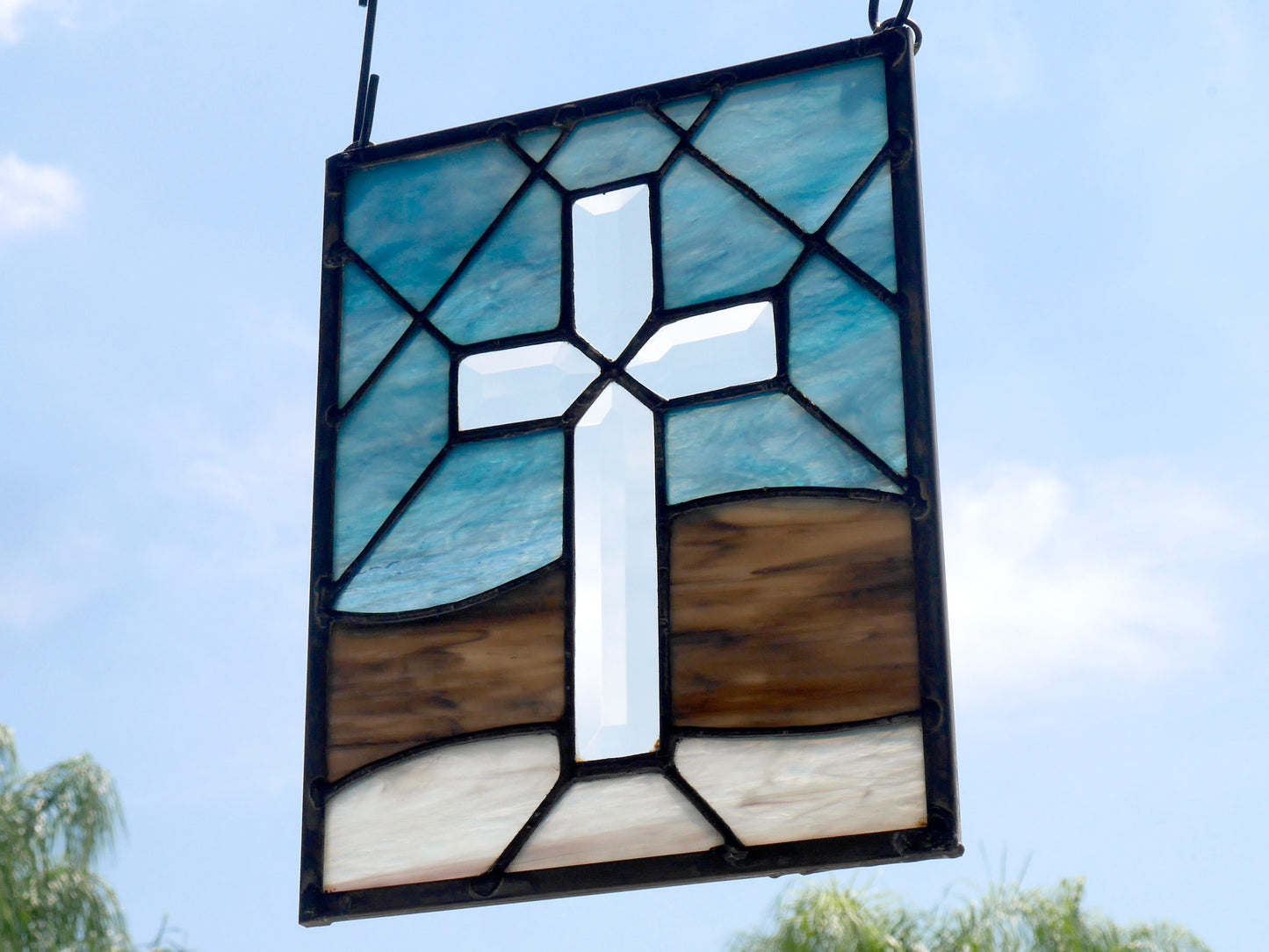 Stained Glass Beveled Glass Cross Panel 9in x 7in Blue Beige