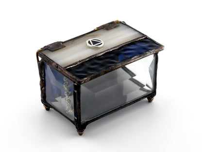 Stained Glass AA Sobriety Keepsake Coin Box Textured Beige, Dark Blue and Beveled Glass