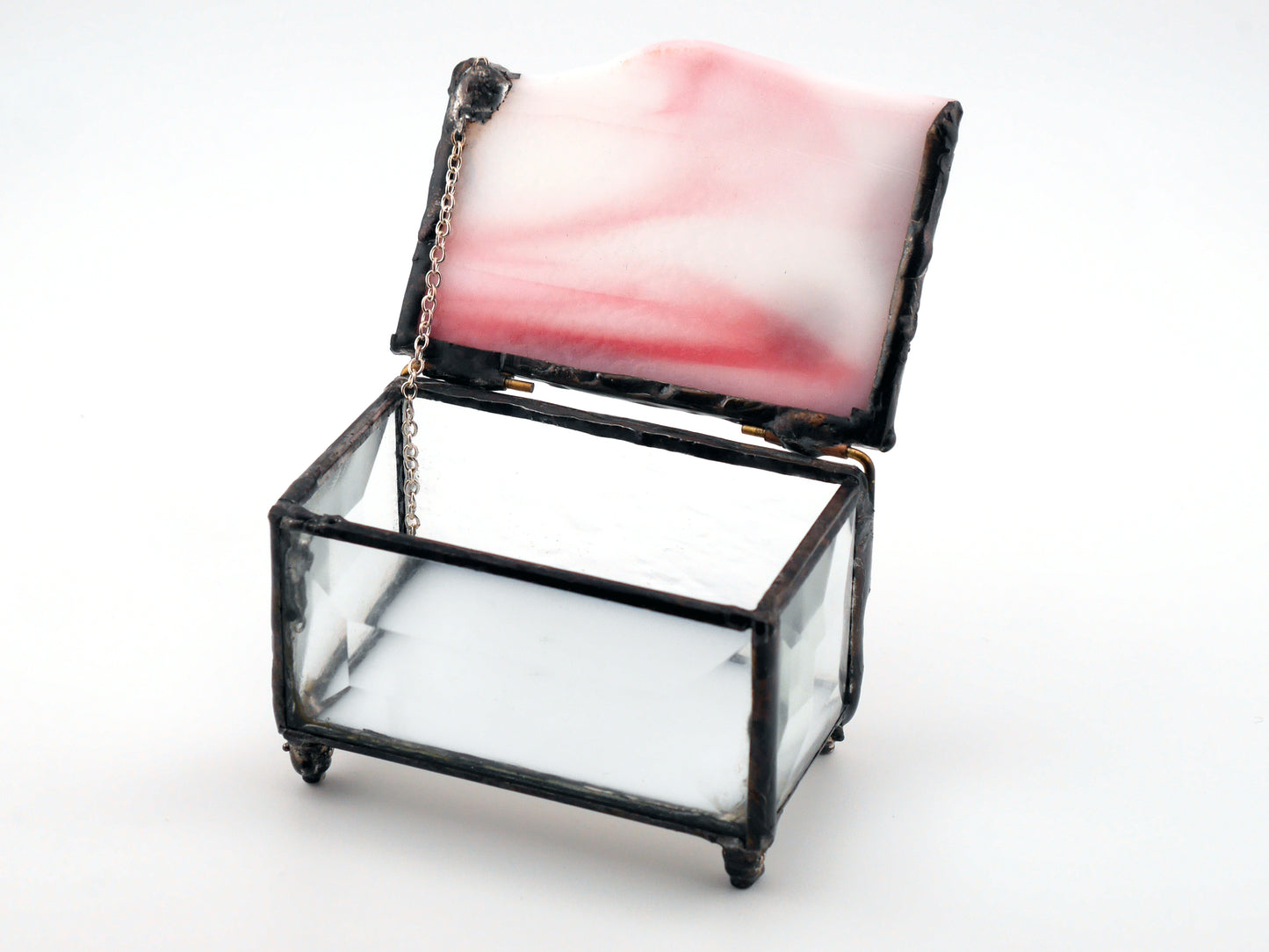 Stained Glass AA Sobriety Keepsake Coin Box Streaky Pink and White with Clear Beveled Glass