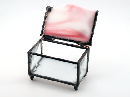 Stained Glass AA Sobriety Keepsake Coin Box Streaky Pink and White with Clear Beveled Glass