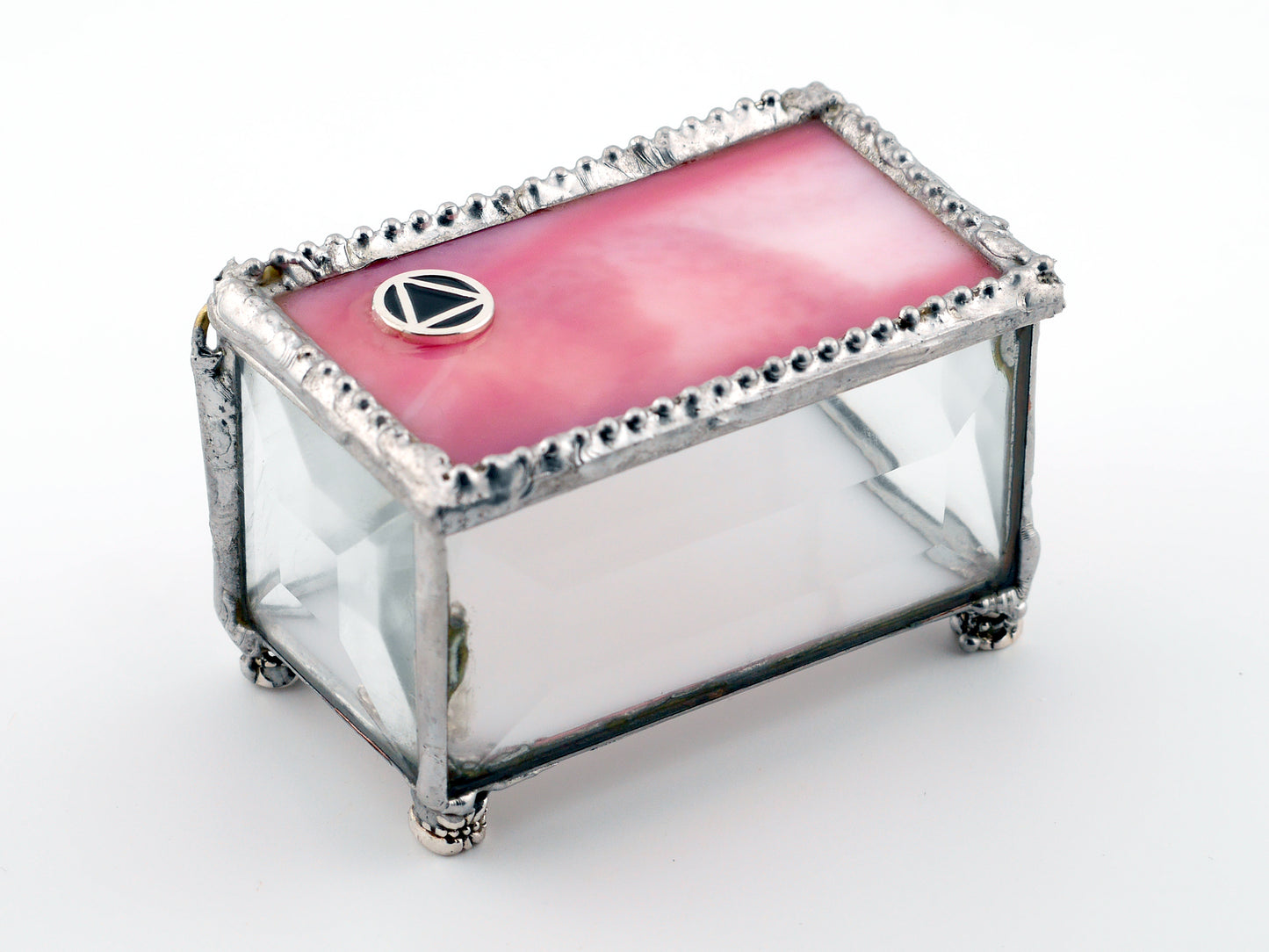 Sobriety Gift Stained Glass Keepsake Coin Box Streaky White and Pink top with Clear Beveled Glass