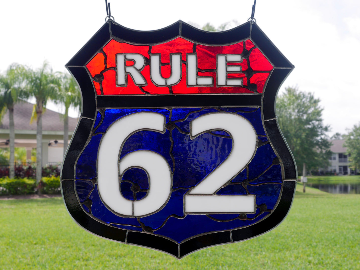 AA Rule 62 Stained Glass Panel, Red, White and Blue Glass