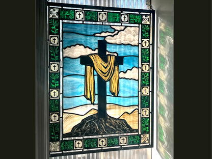 The Rock of Remembrance, Handmade Painted Stained Glass Cross Panel: Easter Theme,
