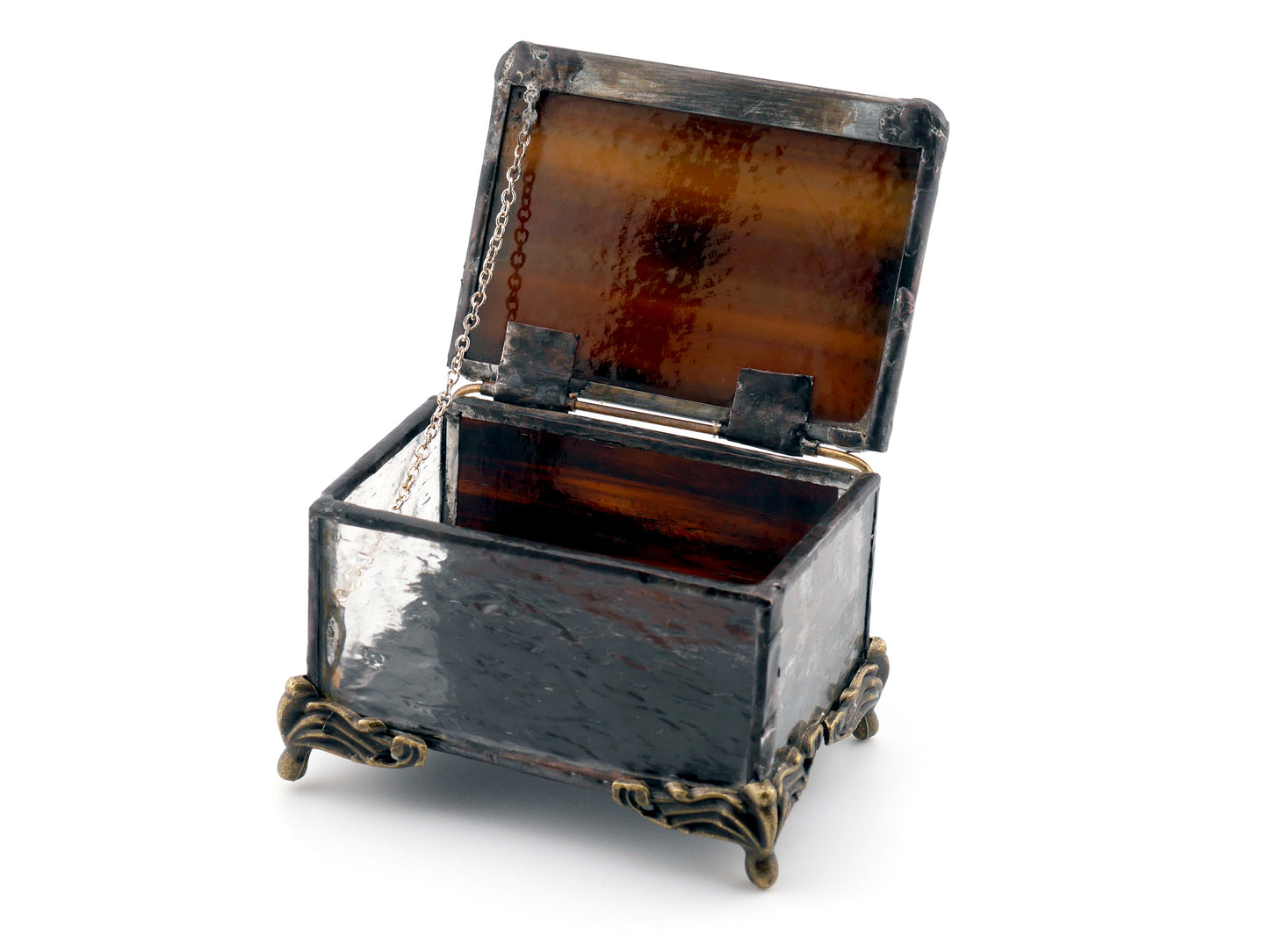 Stained Glass AA Sobriety Keepsake Coin Box Textured Golden Brown and Clear Glass