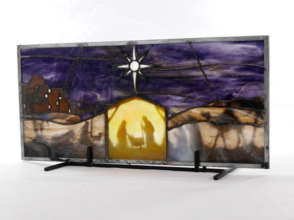 Stained Glass Nativity, Christmas Decor, Faith, Religious, Rustic, Purple and Yellow Glass
