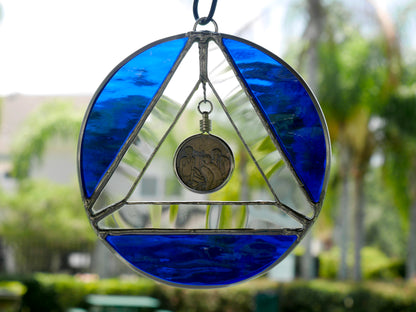 AA Symbol Stained Glass Chip Holder Cobalt Blue 6in diameter