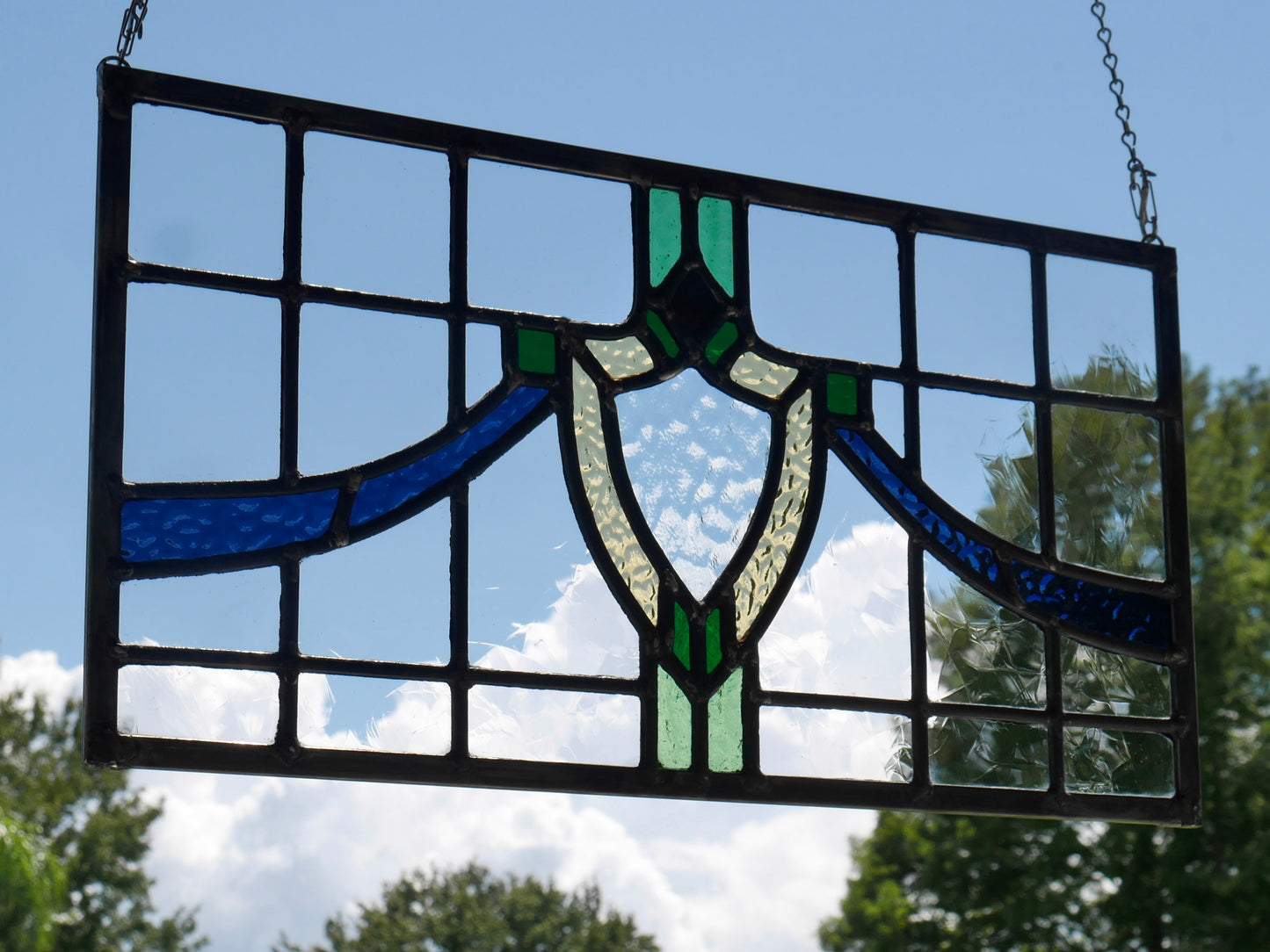 English Style Leaded Glass Panel, Stained Glass Transom, Clear Blue Green and Yellow Glass.