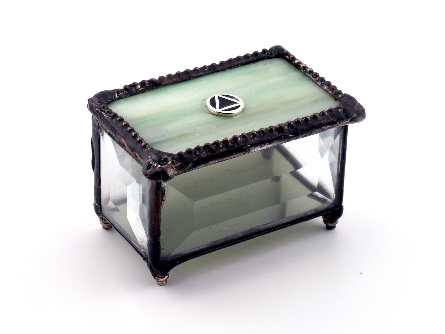 Sobriety Gift Stained Glass Keepsake Coin Box Streaky Mint Green top with Clear Beveled Glass