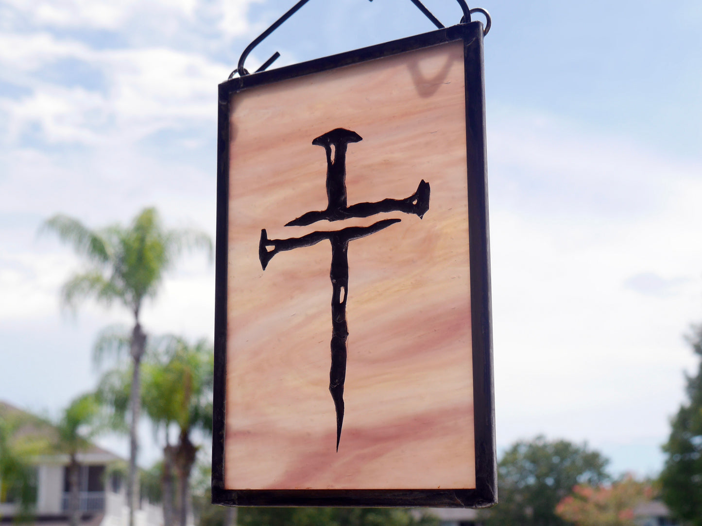 Stained Glass Cross of Nails Panel 8.25in x 5.25in Pink Amber