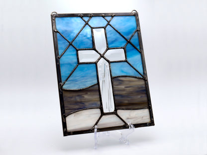 Stained Glass Beveled Glass Cross Panel 9in x 7in Blue Beige