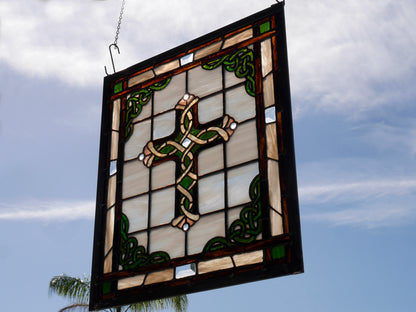 Celtic Stained Glass Cross Panel 20.5in x 17.5in  Beveled and Colored Glass