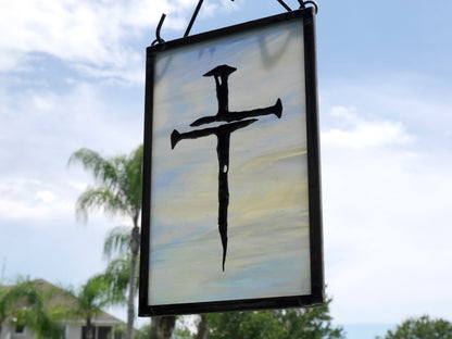 Stained Glass Cross of Nails Panel 8.25in x 5.25in Blue Yellow Wispy Glass