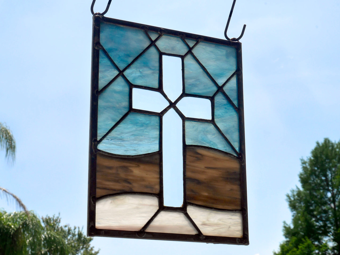 Stained Glass Beveled Glass Cross Panel 9in x 7in Blue Beige