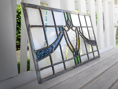 English Style Leaded Glass Panel, Stained Glass Transom, Clear Blue Green and Yellow Glass.