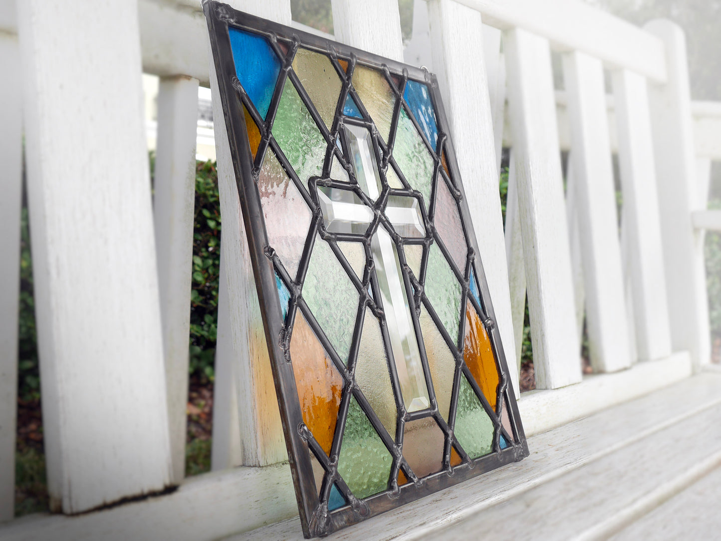 Leaded Stained Glas Cross Panel 10.5in x 13.5in  Beveled and Colored Glass