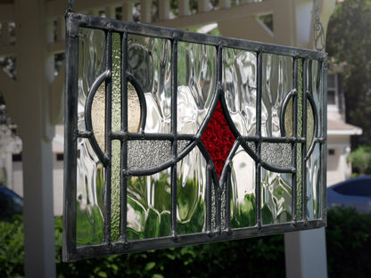 English Style Leaded Glass Panel, Stained Glass Transom, Clear Red and Green and Yellow Glass.