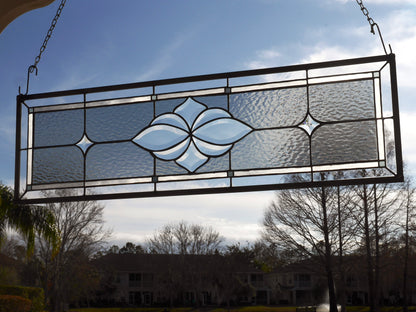 Victorian Style Stained Glass Transom Window, 35.75in x 10.5in Gray with Beveled Glass