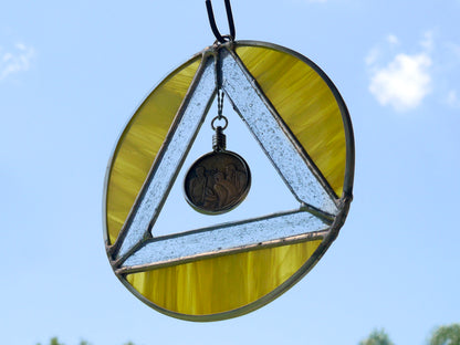 AA Symbol Stained Glass Chip Holder Yellow Streaky 6in diameter