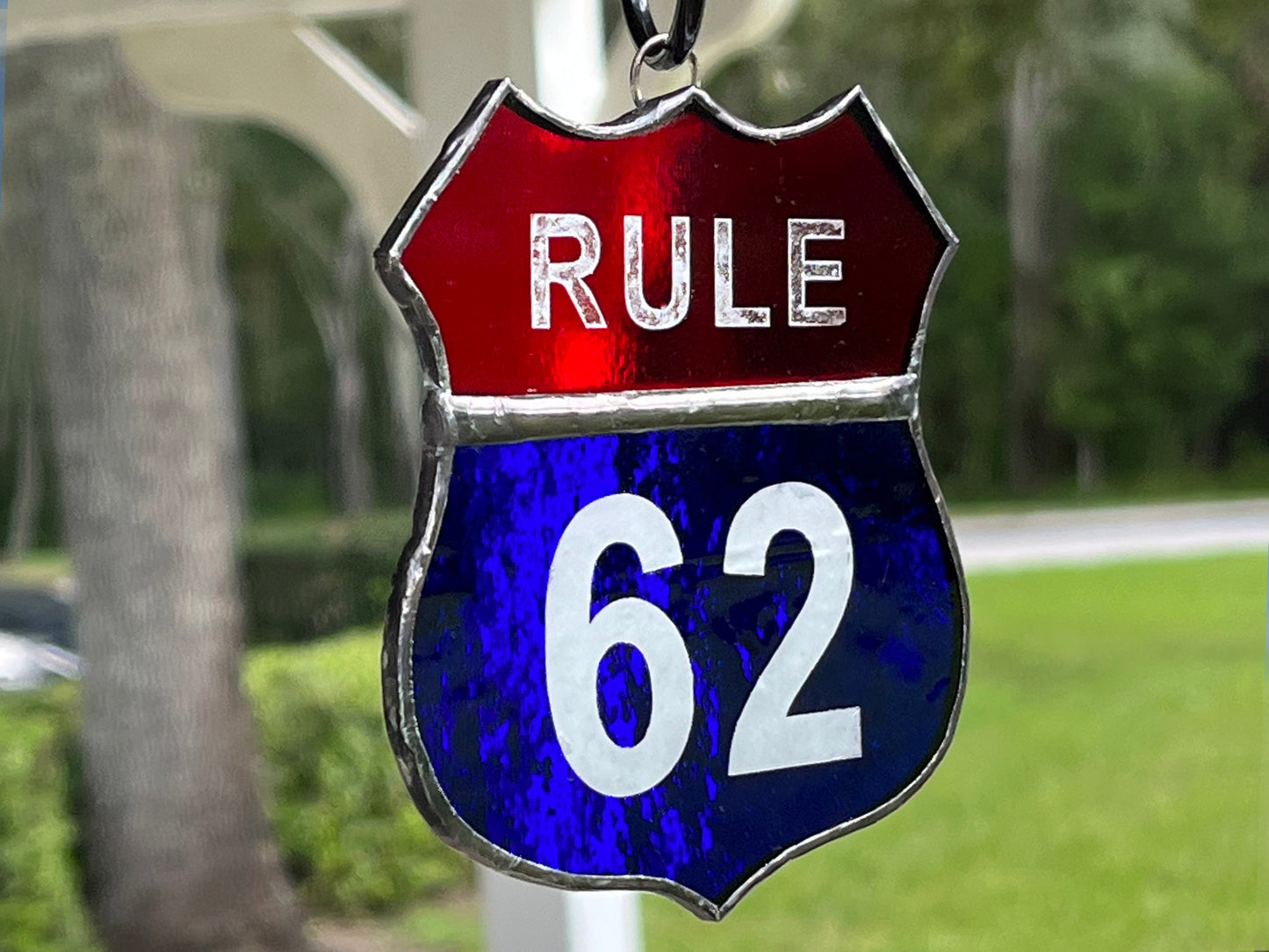 Rule 62 AA Recovery Symbol Stained Glass Sun Catcher, Christmas Ornament, Red and Blue glass