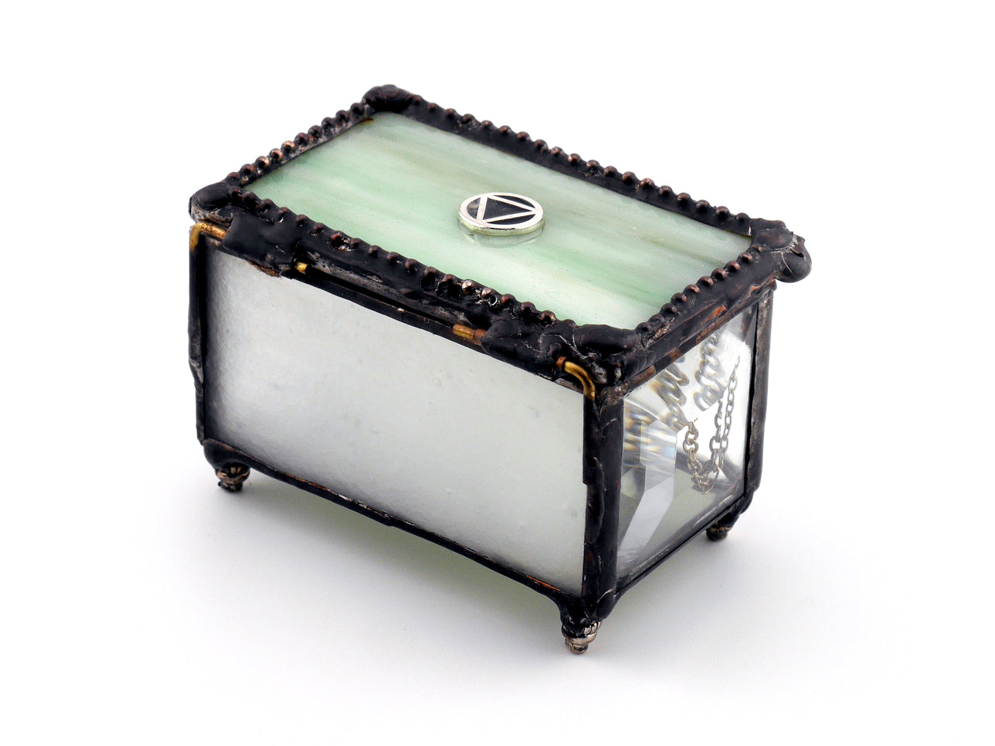 Sobriety Gift Stained Glass Keepsake Coin Box Streaky Mint Green top with Clear Beveled Glass