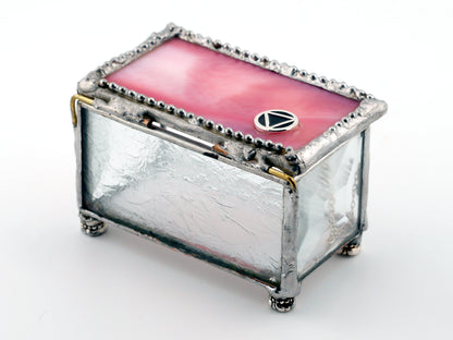 Sobriety Gift Stained Glass Keepsake Coin Box Streaky White and Pink top with Clear Beveled Glass