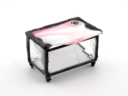 Stained Glass AA Sobriety Keepsake Coin Box Streaky Pink and White with Clear Beveled Glass