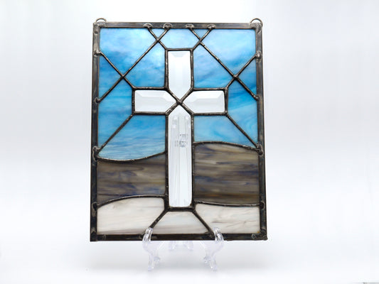 Stained Glass Beveled Glass Cross Panel 9in x 7in Blue Beige