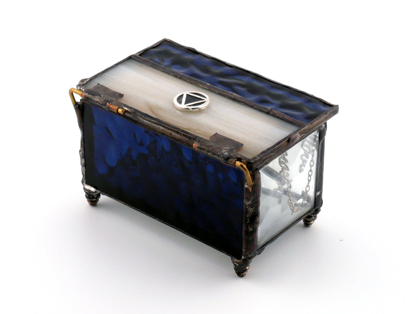 Stained Glass AA Sobriety Keepsake Coin Box Textured Beige, Dark Blue and Beveled Glass