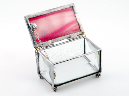 Sobriety Gift Stained Glass Keepsake Coin Box Streaky White and Pink top with Clear Beveled Glass