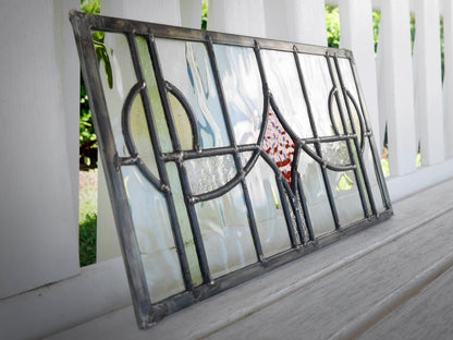 English Style Leaded Glass Panel, Stained Glass Transom, Clear Red and Green and Yellow Glass.