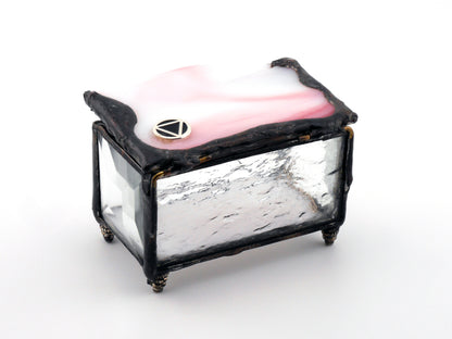 Stained Glass AA Sobriety Keepsake Coin Box Streaky Pink and White with Clear Beveled Glass