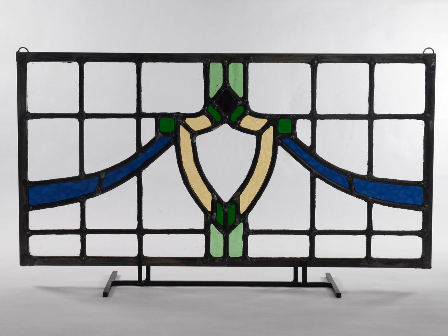 English Style Leaded Glass Panel, Stained Glass Transom, Clear Blue Green and Yellow Glass.