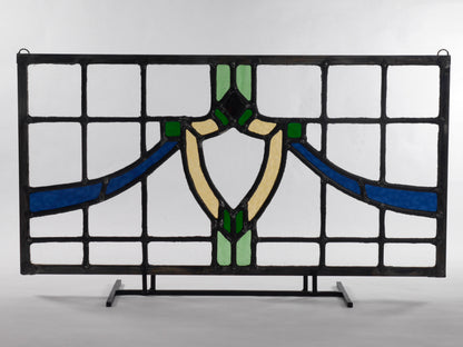 English Style Leaded Glass Panel, Stained Glass Transom, Clear Blue Green and Yellow Glass.