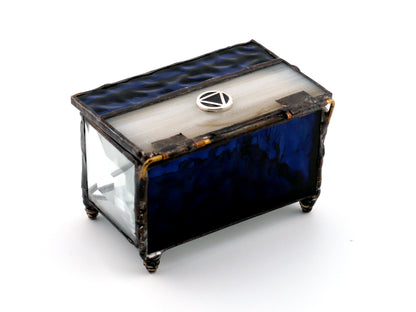 Stained Glass AA Sobriety Keepsake Coin Box Textured Beige, Dark Blue and Beveled Glass