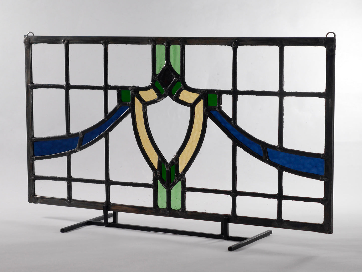 English Style Leaded Glass Panel, Stained Glass Transom, Clear Blue Green and Yellow Glass.