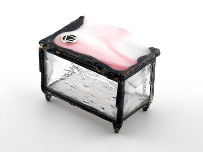 Stained Glass AA Sobriety Keepsake Coin Box Streaky Pink and White with Clear Beveled Glass