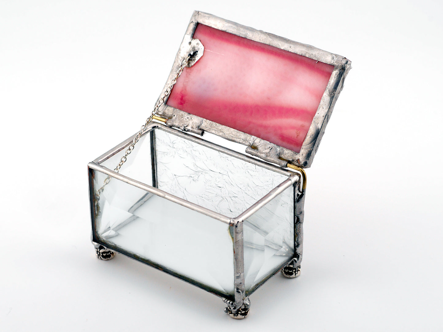 Sobriety Gift Stained Glass Keepsake Coin Box Streaky White and Pink top with Clear Beveled Glass