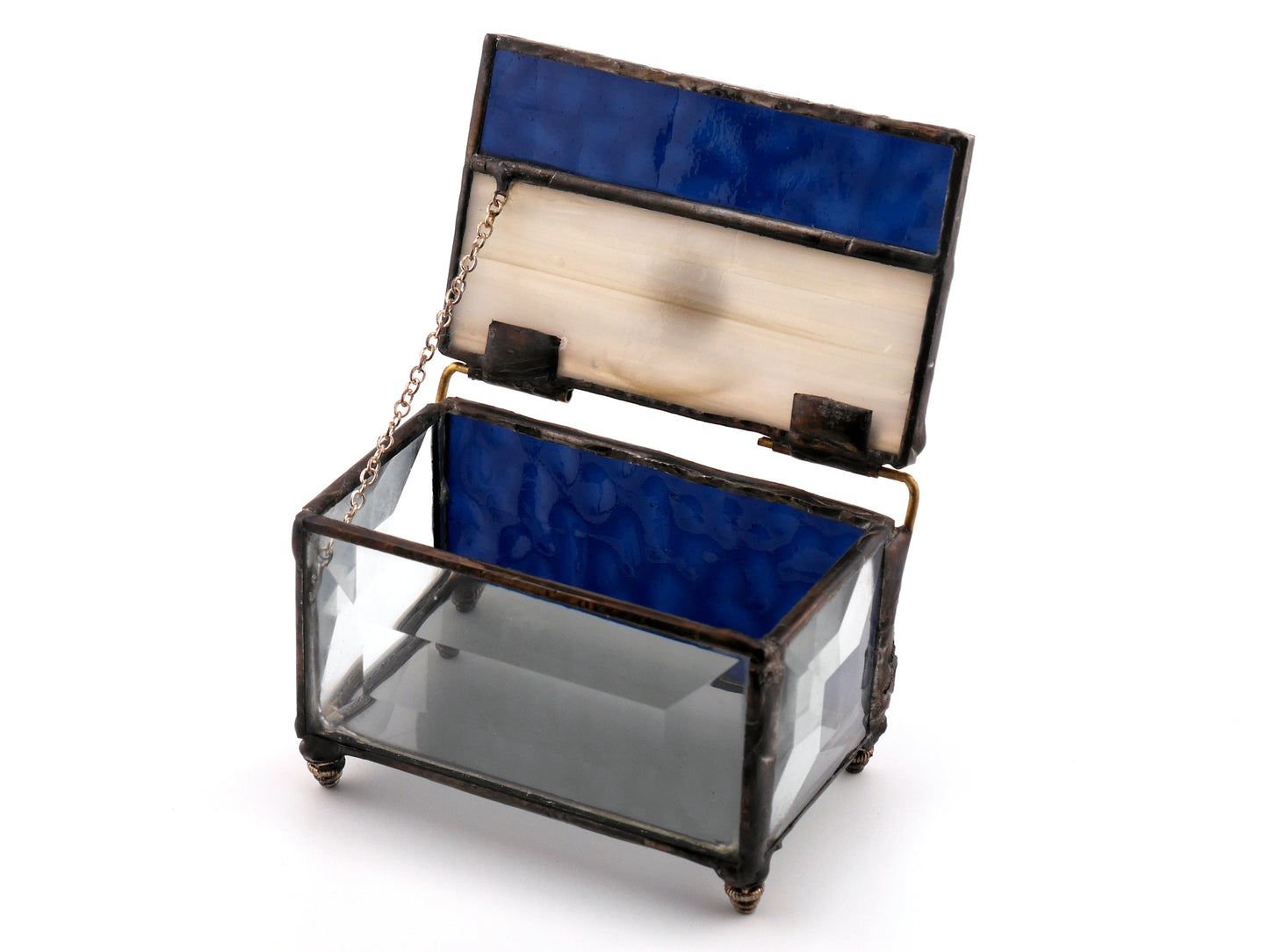 Stained Glass AA Sobriety Keepsake Coin Box Textured Beige, Dark Blue and Beveled Glass