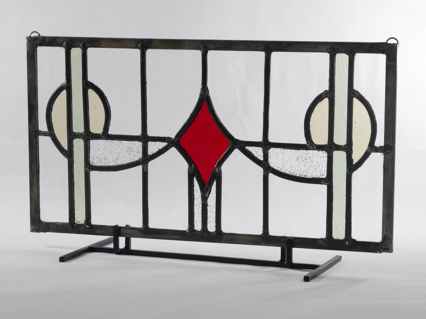 English Style Leaded Glass Panel, Stained Glass Transom, Clear Red and Green and Yellow Glass.